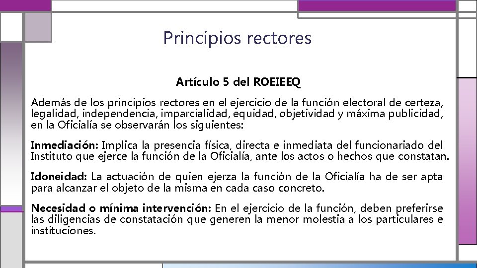 Principios rectores Artículo 5 del ROEIEEQ Además de los principios rectores en el ejercicio