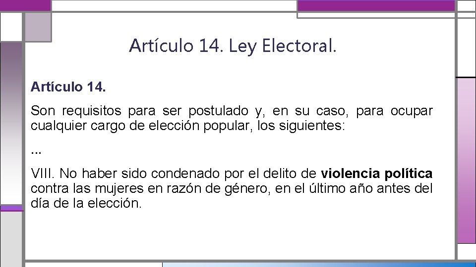 Artículo 14. Ley Electoral. Artículo 14. Son requisitos para ser postulado y, en su