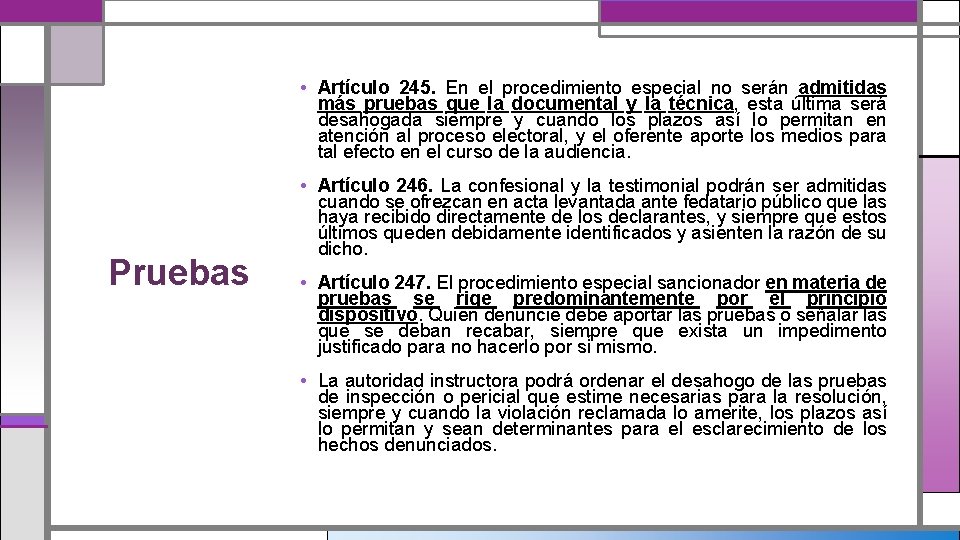  • Artículo 245. En el procedimiento especial no serán admitidas más pruebas que