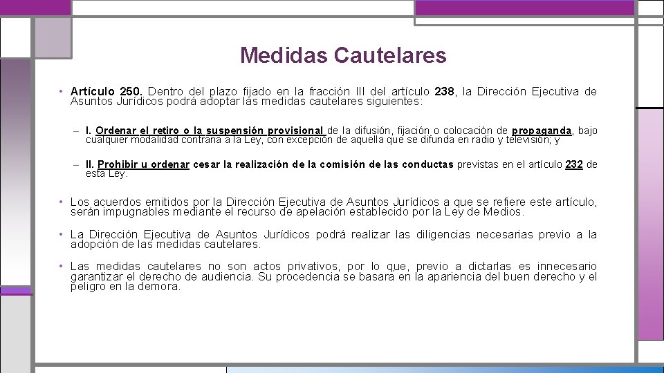 Medidas Cautelares • Artículo 250. Dentro del plazo fijado en la fracción III del