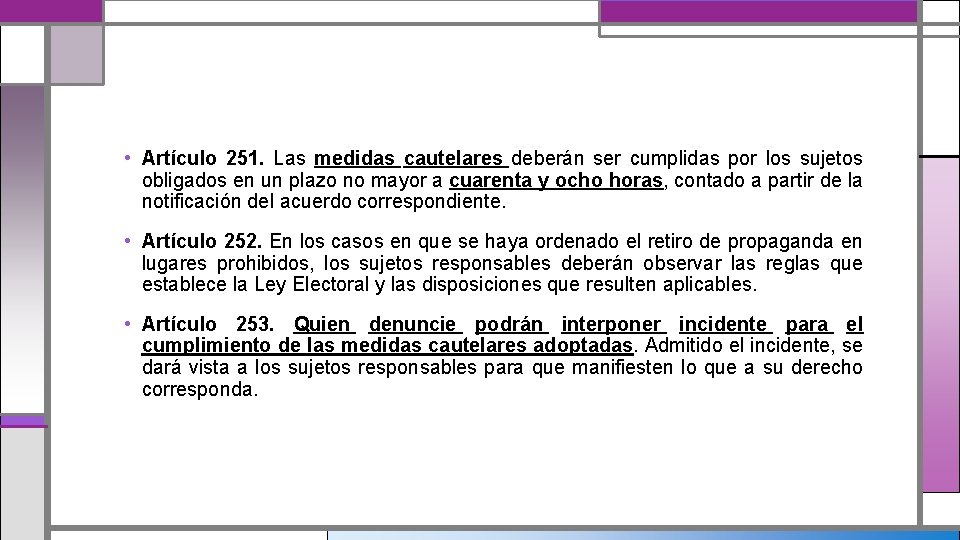  • Artículo 251. Las medidas cautelares deberán ser cumplidas por los sujetos obligados