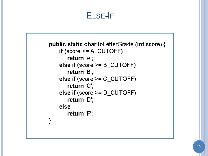 ELSE-IF public static char to. Letter. Grade (int score) { if (score >= A_CUTOFF)