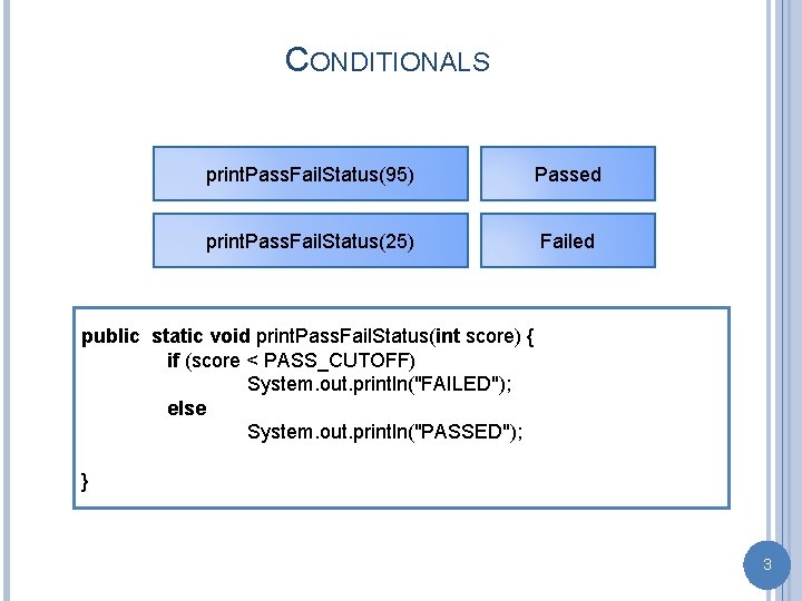 CONDITIONALS print. Pass. Fail. Status(95) Passed print. Pass. Fail. Status(25) Failed public static void