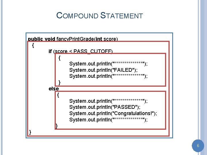 COMPOUND STATEMENT public void fancy. Print. Grade(int score) { if (score < PASS_CUTOFF) {