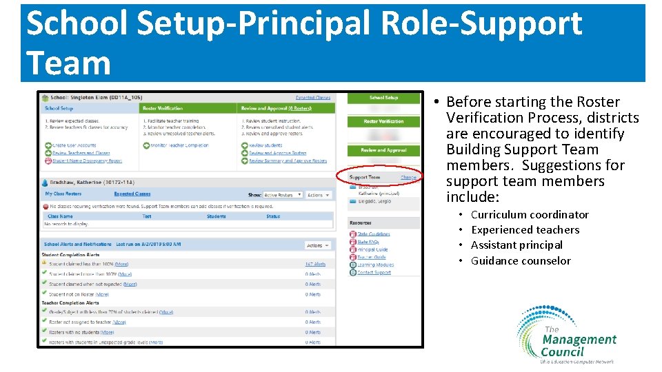 School Setup-Principal Role-Support Team • Before starting the Roster Verification Process, districts are encouraged