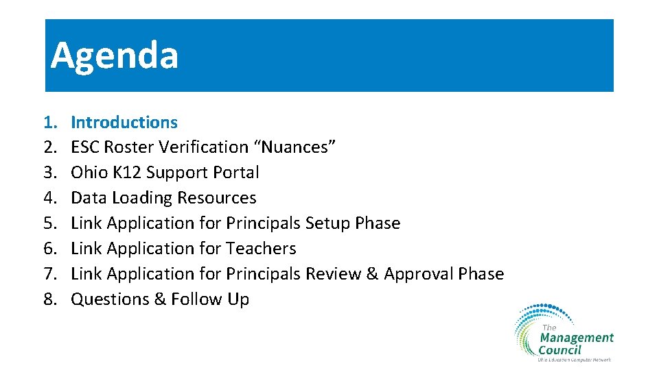 Agenda 1. 2. 3. 4. 5. 6. 7. 8. Introductions ESC Roster Verification “Nuances”