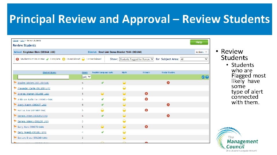 Principal Review and Approval – Review Students • Review Students • Students who are