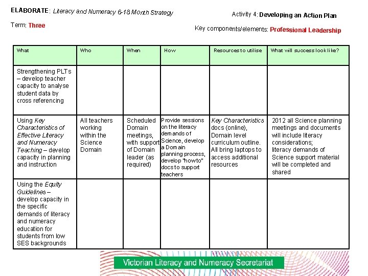 ELABORATE: Literacy and Numeracy 6 -18 Month Strategy Term: Three What Activity 4: Developing