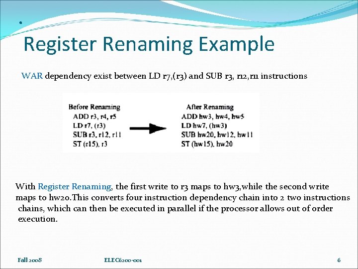 . Register Renaming Example WAR dependency exist between LD r 7, (r 3) and