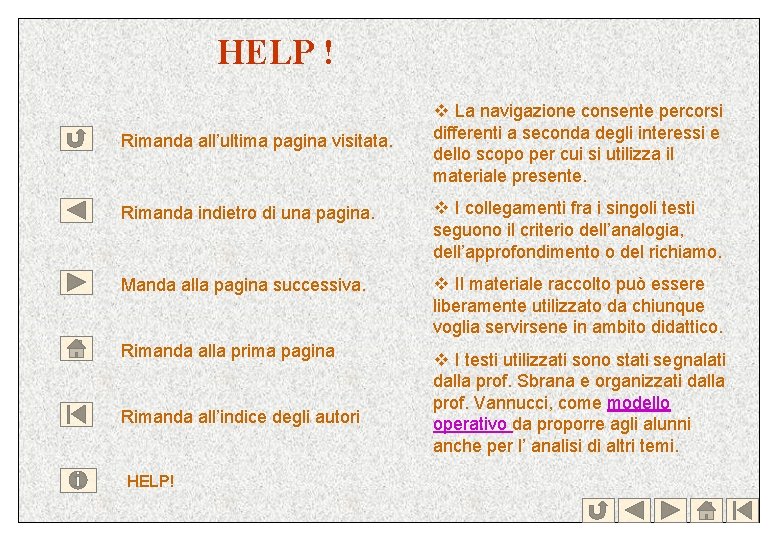 HELP ! Rimanda all’ultima pagina visitata. v La navigazione consente percorsi differenti a seconda