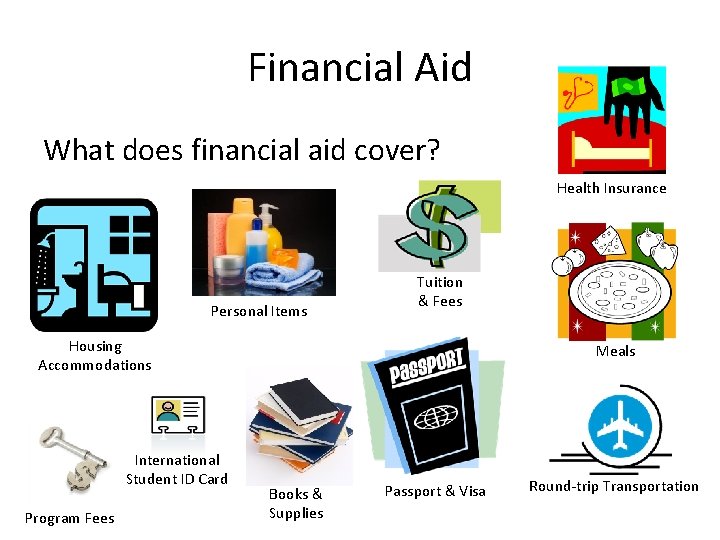 Financial Aid What does financial aid cover? Health Insurance Personal Items Tuition & Fees