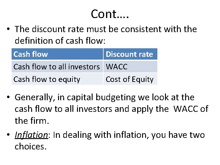 Cont…. • The discount rate must be consistent with the definition of cash flow: