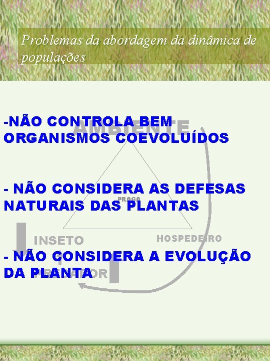 Problemas da abordagem da dinâmica de populações -NÃO CONTROLA BEM AMBIENTE ORGANISMOS COEVOLUÍDOS -