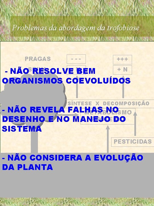 Problemas da abordagem da trofobiose PRAGAS --- +++ +N - NÃOSEIVA RESOLVE- NBEM ORGANISMOS