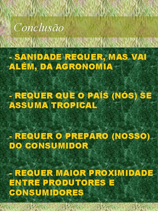 Conclusão - SANIDADE REQUER, MAS VAI ALÉM, DA AGRONOMIA - REQUER QUE O PAÍS