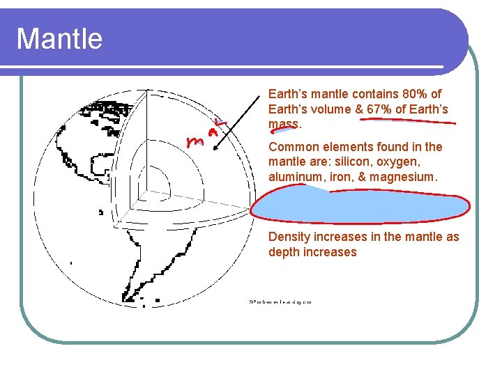 Mantle Earth’s mantle contains 80% of Earth’s volume & 67% of Earth’s mass. Common