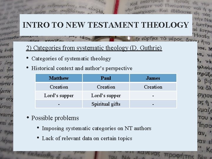 INTRO TO NEW TESTAMENT THEOLOGY 2) Categories from systematic theology (D. Guthrie) • •
