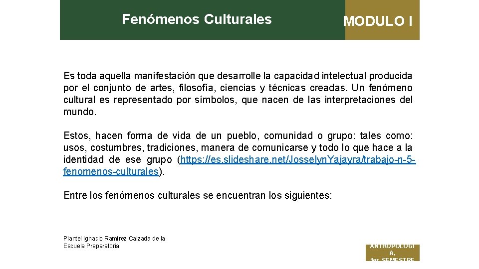 Fenómenos Culturales MODULO I Es toda aquella manifestación que desarrolle la capacidad intelectual producida