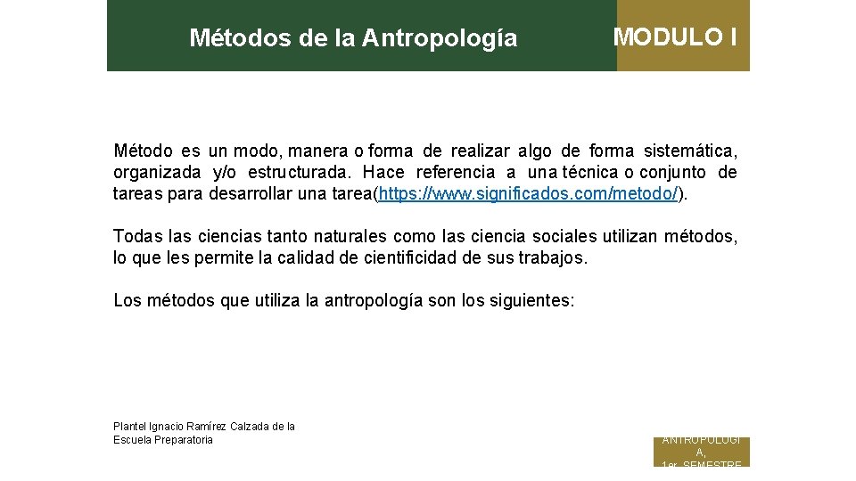 Métodos de la Antropología MODULO I Método es un modo, manera o forma de