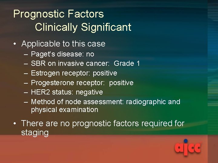 Prognostic Factors Clinically Significant • Applicable to this case – – – Paget’s disease:
