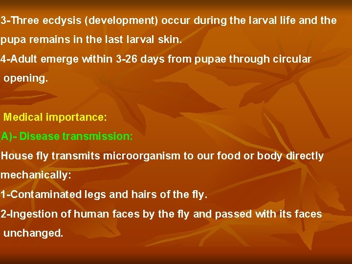 3 -Three ecdysis (development) occur during the larval life and the pupa remains in