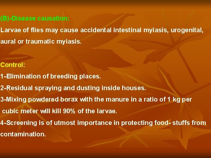 (B)-Disease causation: Larvae of flies may cause accidental intestinal myiasis, urogenital, aural or traumatic