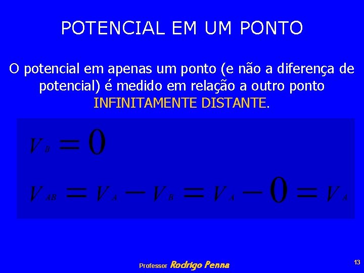 POTENCIAL EM UM PONTO O potencial em apenas um ponto (e não a diferença