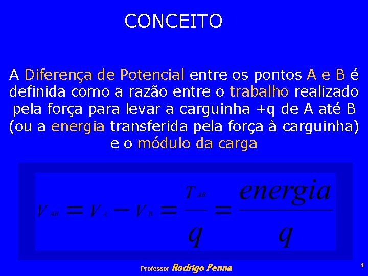 CONCEITO A Diferença de Potencial entre os pontos A e B é definida como