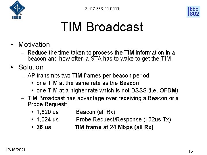 21 -07 -333 -00 -0000 TIM Broadcast • Motivation – Reduce the time taken