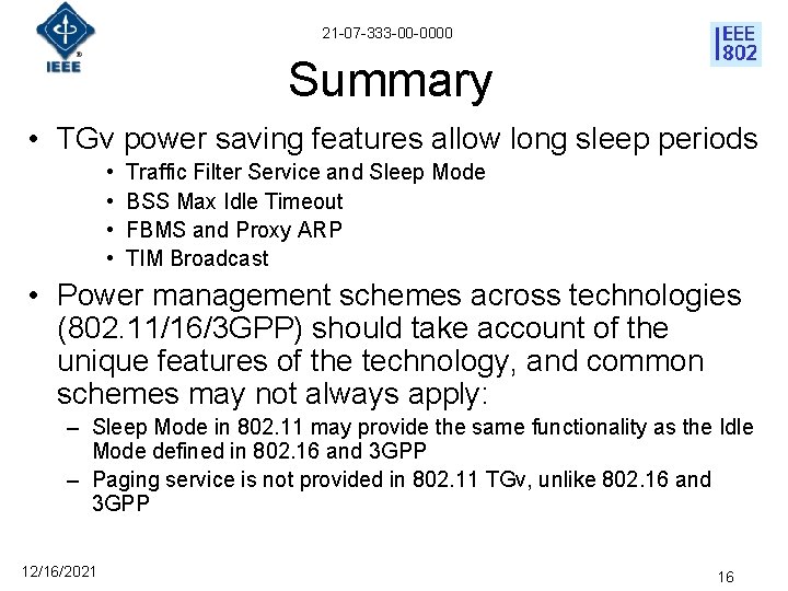 21 -07 -333 -00 -0000 Summary • TGv power saving features allow long sleep