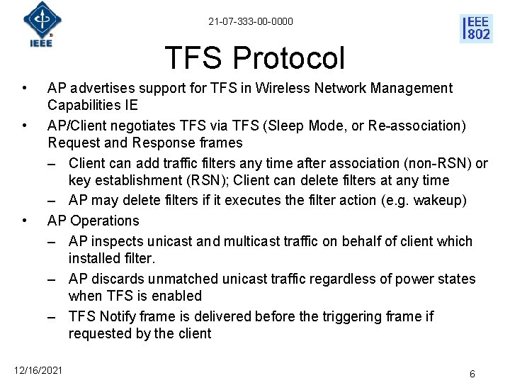 21 -07 -333 -00 -0000 TFS Protocol • • • AP advertises support for