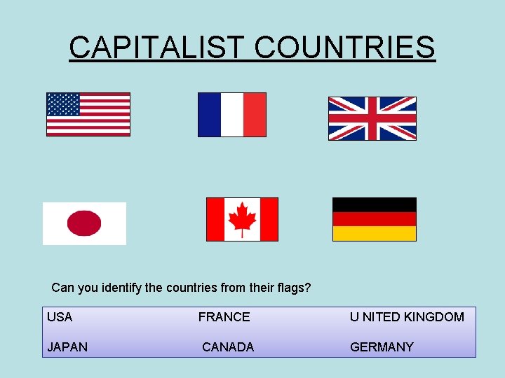 CAPITALIST COUNTRIES Can you identify the countries from their flags? USA FRANCE U NITED CAPITALIST COUNTRIES Can you identify the countries from their flags? USA FRANCE U NITED