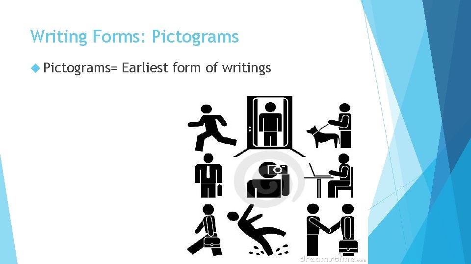 Writing Forms: Pictograms= Earliest form of writings 