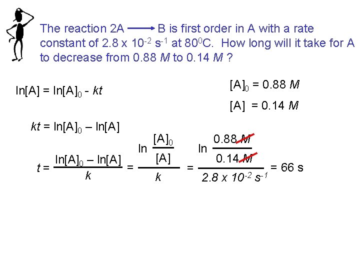 The reaction 2 A B is first order in A with a rate constant