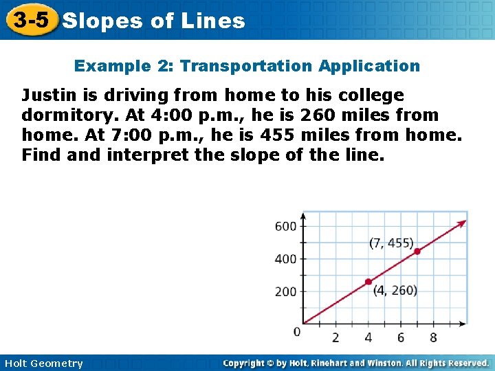 3 -5 Slopes of Lines Example 2: Transportation Application Justin is driving from home