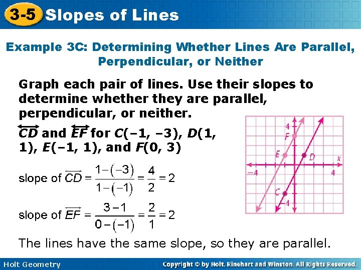 3 -5 Slopes of Lines Example 3 C: Determining Whether Lines Are Parallel, Perpendicular,