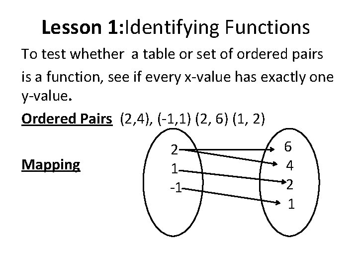 Lesson 1: Identifying Functions To test whether a table or set of ordered pairs