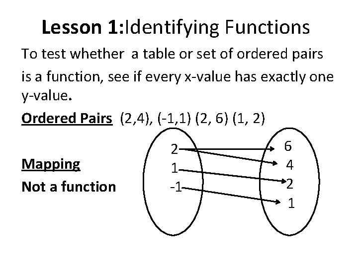 Lesson 1: Identifying Functions To test whether a table or set of ordered pairs