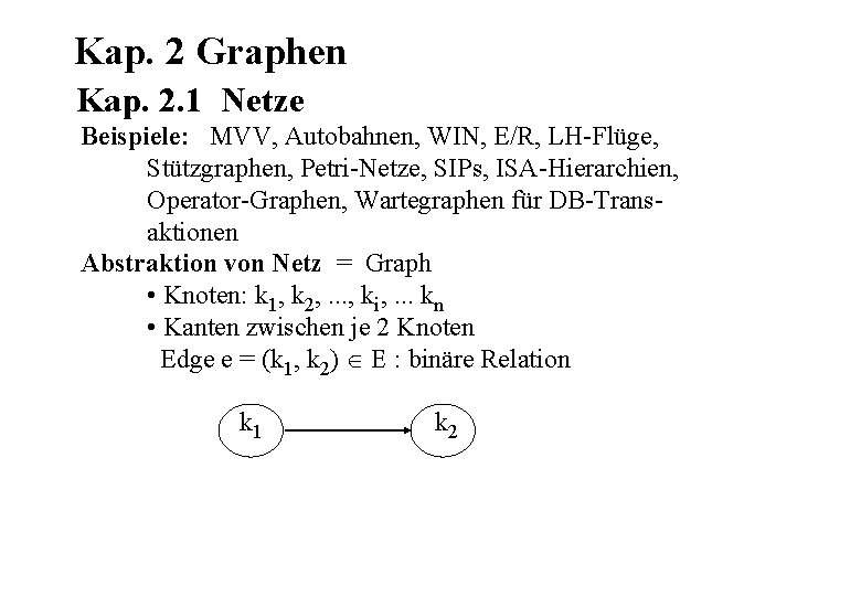 Kap. 2 Graphen Kap. 2. 1 Netze Beispiele: MVV, Autobahnen, WIN, E/R, LH-Flüge, Stützgraphen,