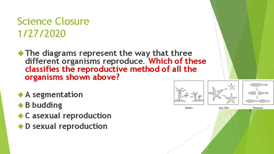 Science Closure 1/27/2020 The diagrams represent the way that three different organisms reproduce. Which