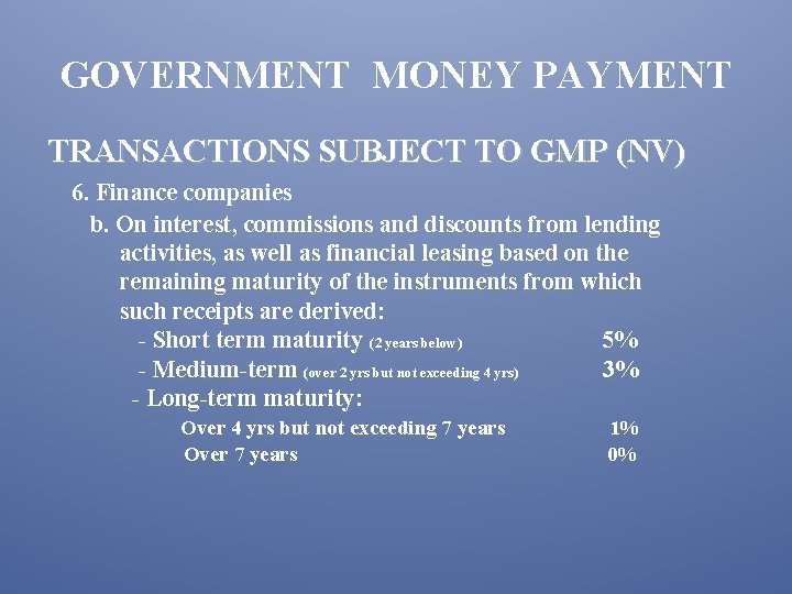 GOVERNMENT MONEY PAYMENT TRANSACTIONS SUBJECT TO GMP (NV) 6. Finance companies b. On interest,