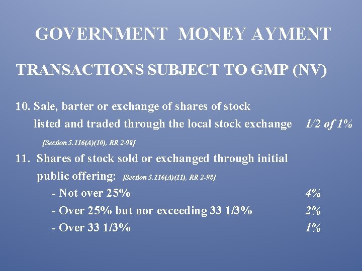 GOVERNMENT MONEY AYMENT TRANSACTIONS SUBJECT TO GMP (NV) 10. Sale, barter or exchange of