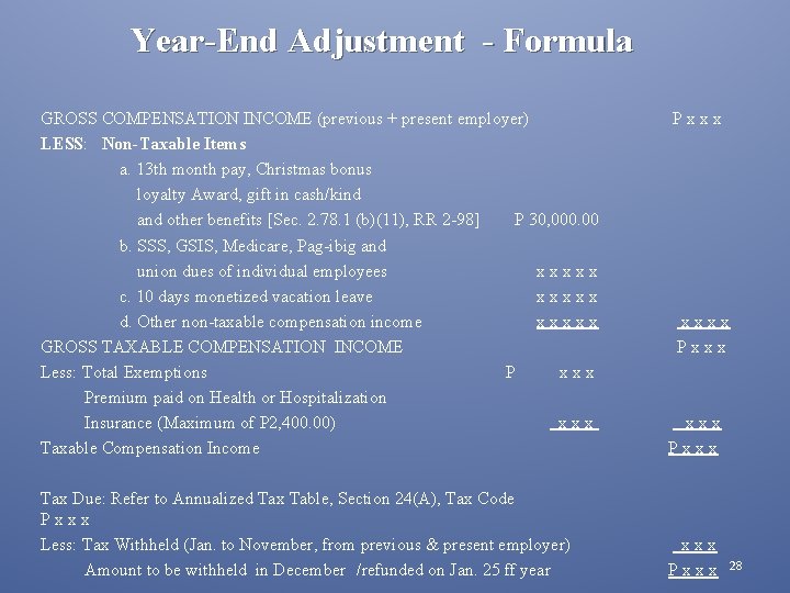 Year-End Adjustment - Formula GROSS COMPENSATION INCOME (previous + present employer) LESS: Non-Taxable Items