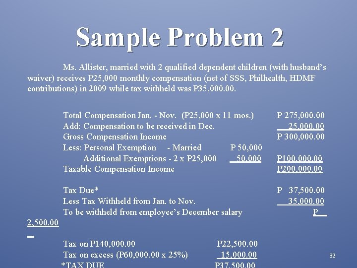 Sample Problem 2 Ms. Allister, married with 2 qualified dependent children (with husband’s waiver)