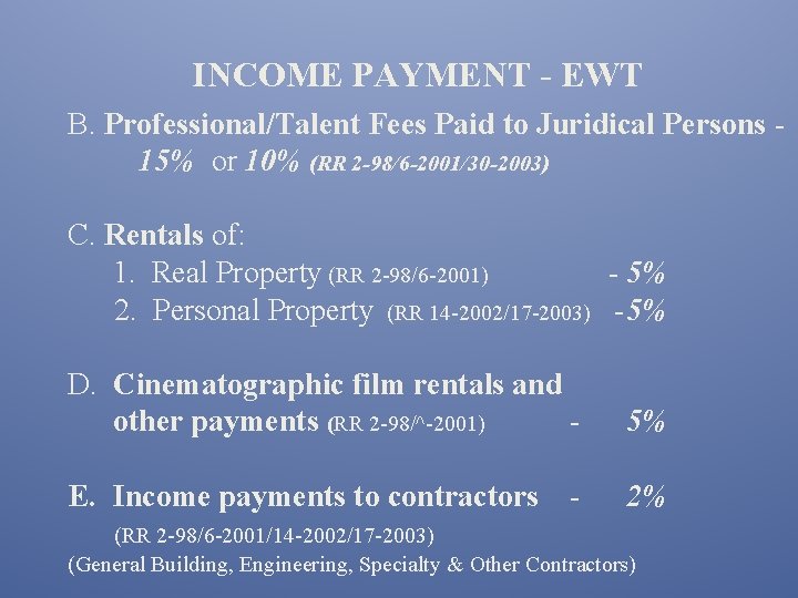 INCOME PAYMENT - EWT B. Professional/Talent Fees Paid to Juridical Persons 15% or 10%