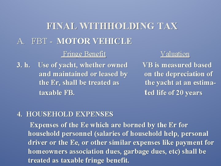 FINAL WITHHOLDING TAX A. FBT - MOTOR VEHICLE Fringe Benefit 3. h. Use of