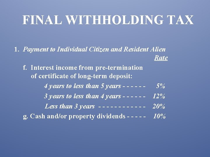 FINAL WITHHOLDING TAX 1. Payment to Individual Citizen and Resident Alien Rate f. Interest