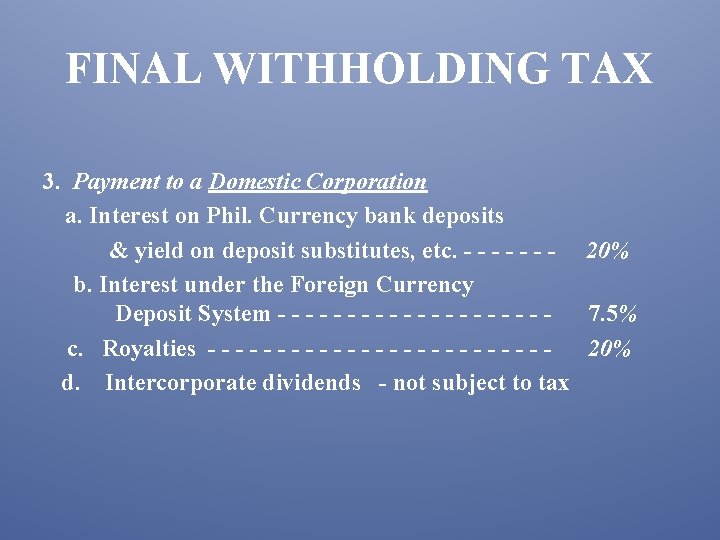 FINAL WITHHOLDING TAX 3. Payment to a Domestic Corporation a. Interest on Phil. Currency
