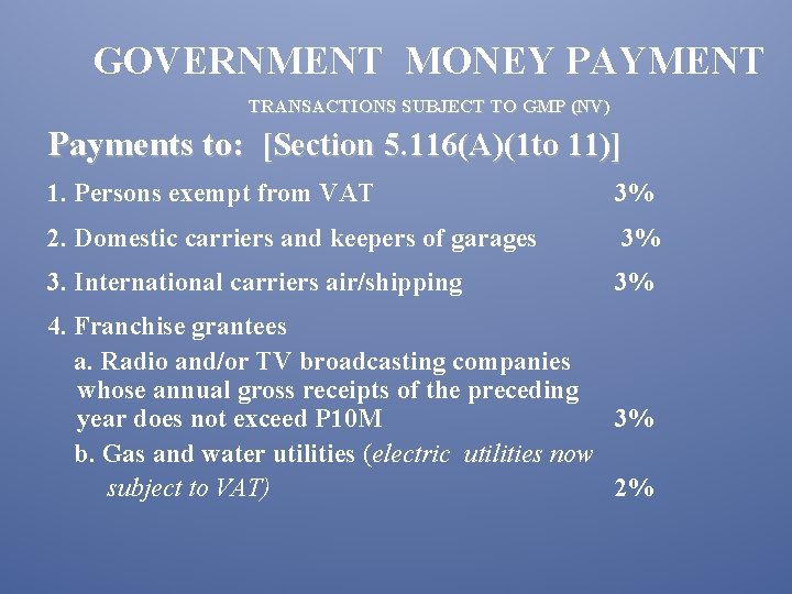 GOVERNMENT MONEY PAYMENT TRANSACTIONS SUBJECT TO GMP (NV) Payments to: [Section 5. 116(A)(1 to