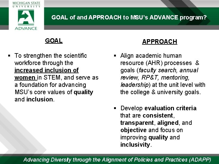 GOAL of and APPROACH to MSU’s ADVANCE program? GOAL APPROACH § To strengthen the